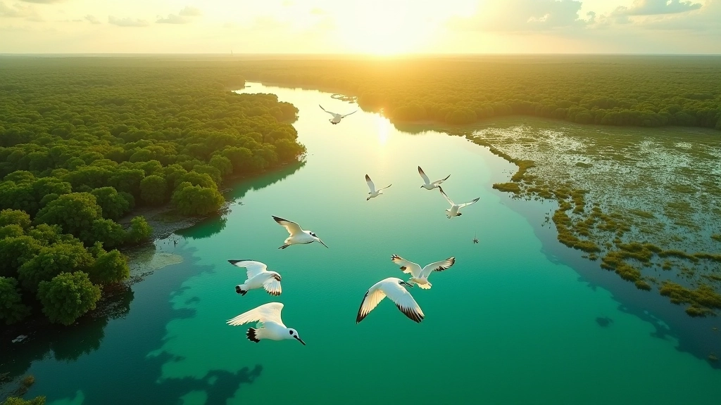 Vista aérea de humedal costero con aves migratorias volando