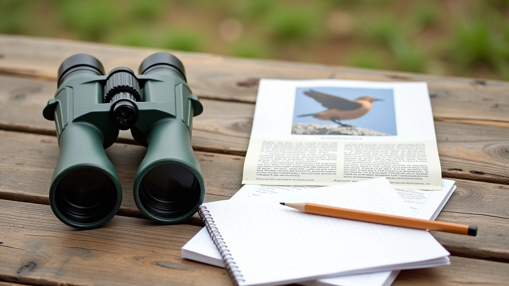 Binoculares profesionales, libreta de campo, lápiz y guía de identificación de aves sobre mesa de madera