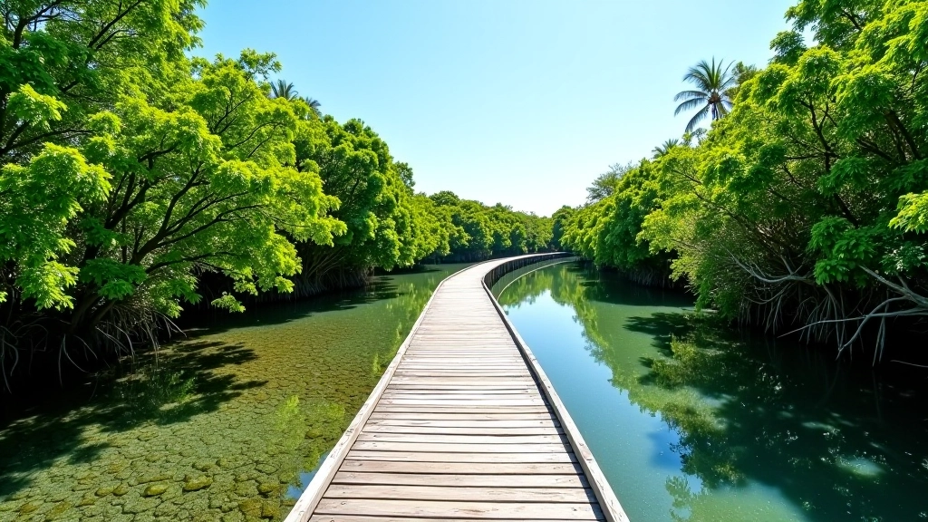 Sendero elevado de madera atravesando manglar con agua cristalina, luz natural de mañana, cielo despejado
