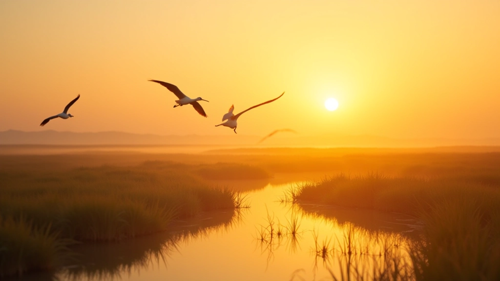 Aves migratorias en vuelo sobre humedal costero