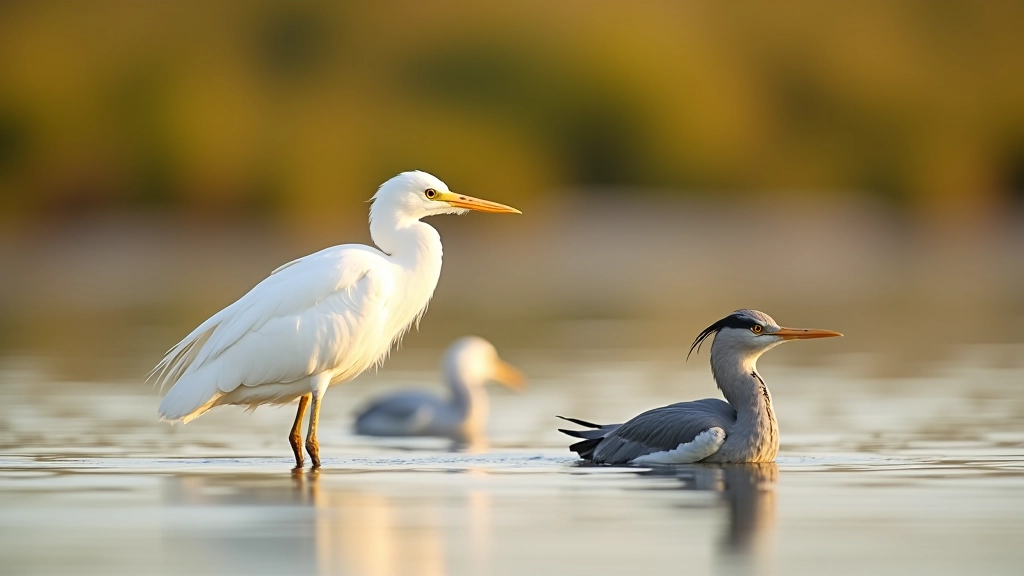 Grupo de garzas blancas y grises descansando en aguas poco profundas del humedal costero