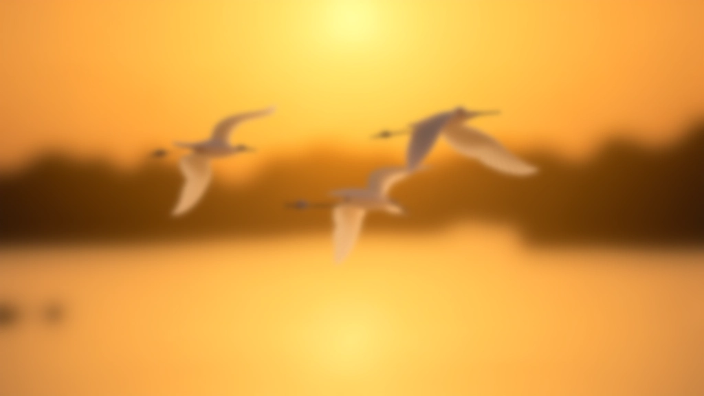 Grupo de garzas blancas volando sobre agua al atardecer con cielo dorado en humedal tropical