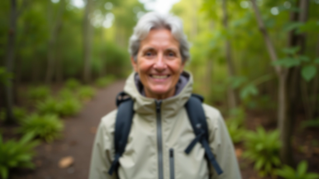 Fotografía de mujer mayor sonriendo en sendero natural con árboles al fondo